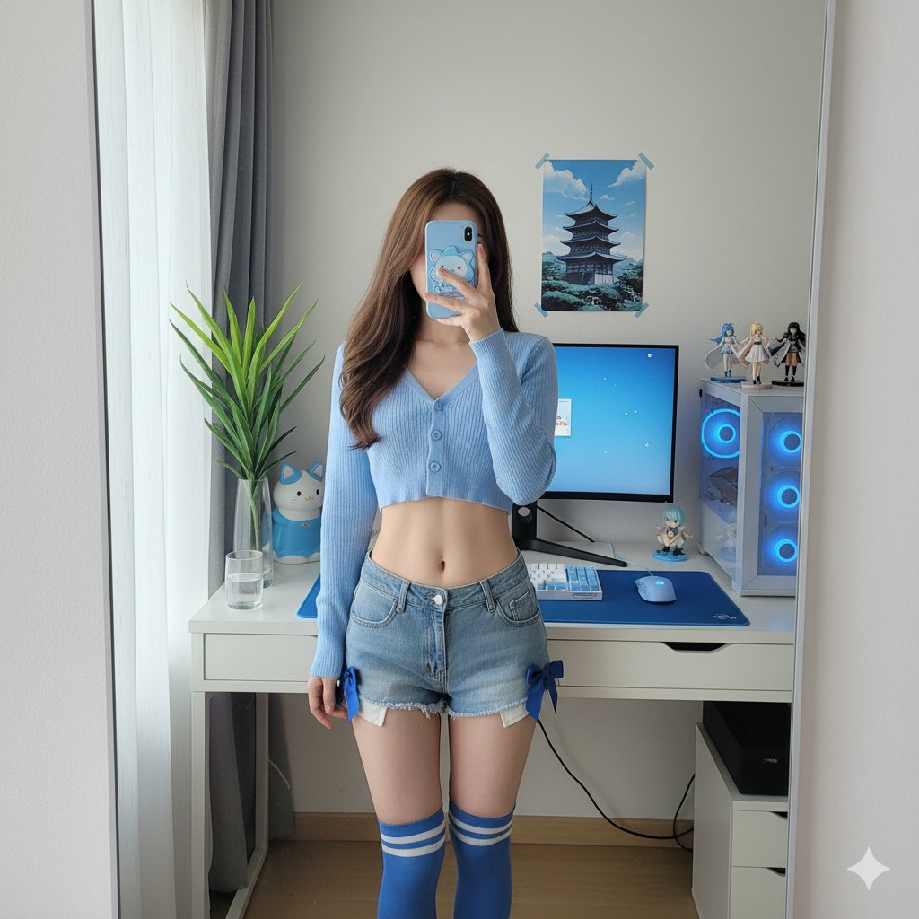 Detailed mirror-selfie otaku room scene — example 1