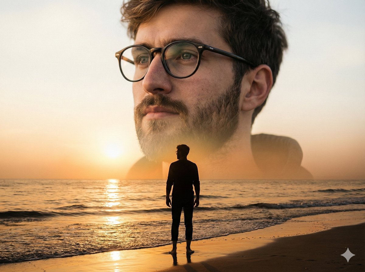 Cinematic Double-Exposure Beach Portrait — example 1