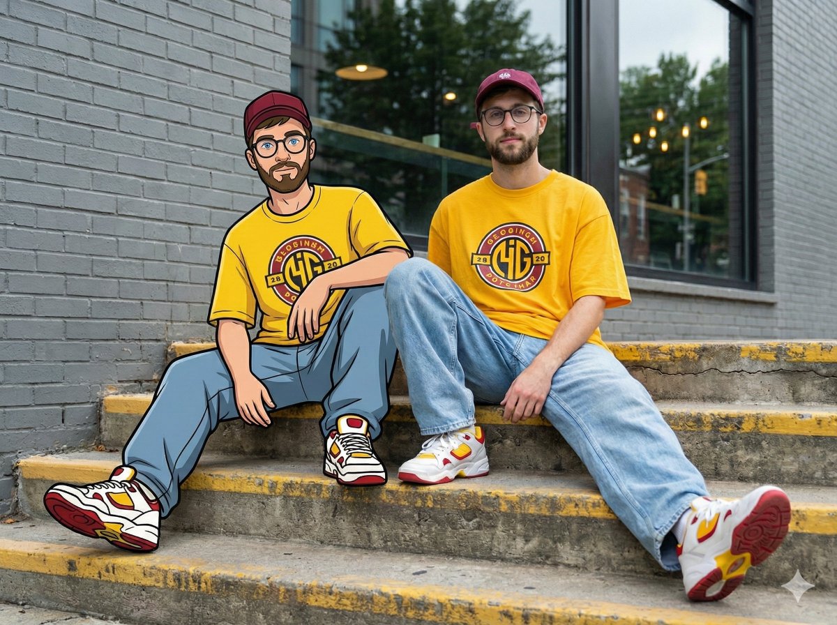 Mixed-Reality Street Portrait (Real Person with Cartoon Twin) — example 1