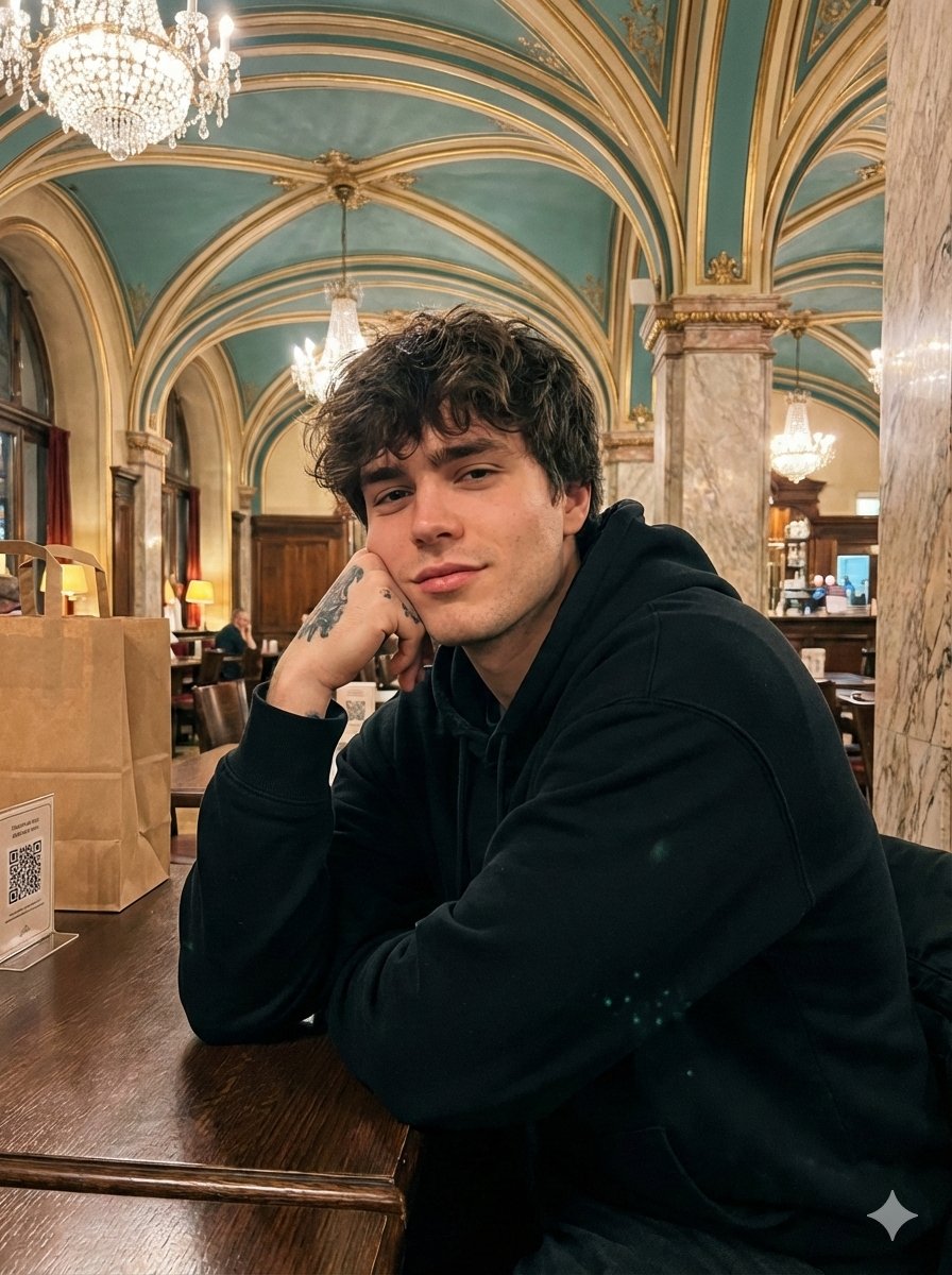 Opulent Café Portrait with Voluminous Hair — example 1