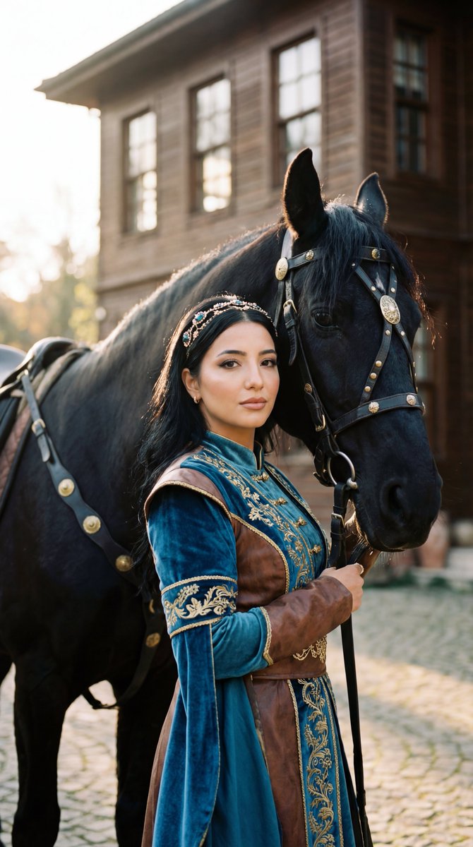 Photorealistic Historical Turkish Woman with Black Horse — example 1