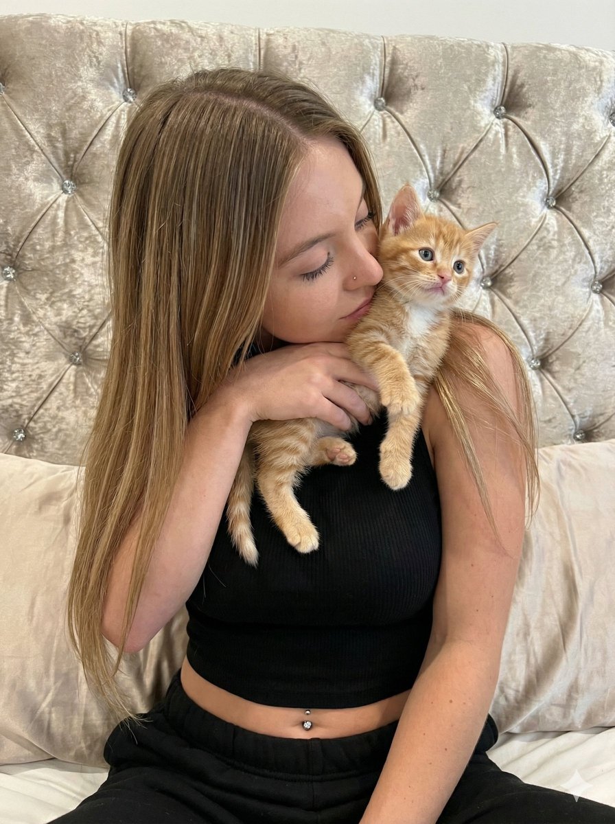 Tender Portrait of Woman Nuzzling a Kitten — example 1
