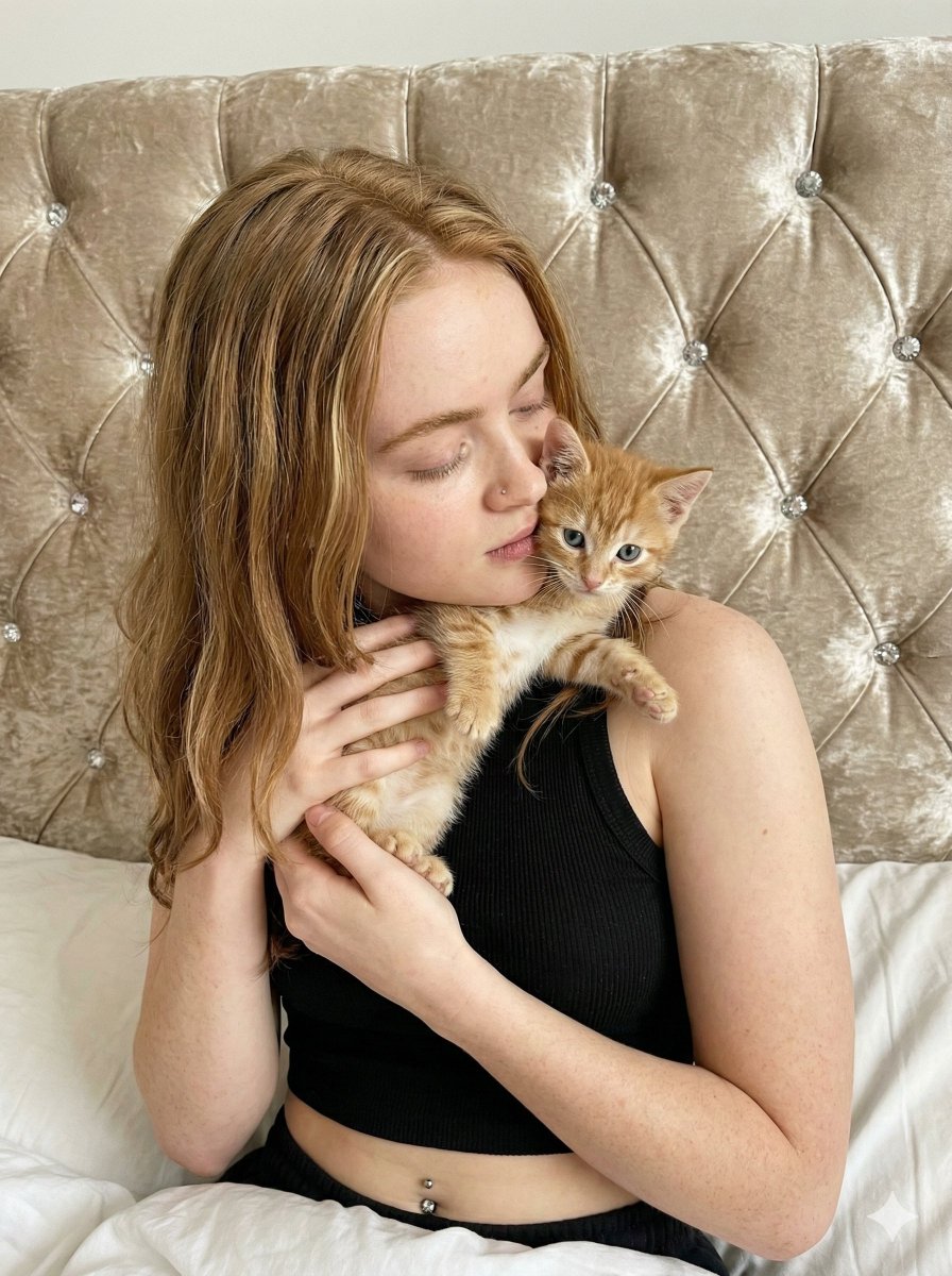 Tender Portrait of Woman Nuzzling a Kitten — example 2