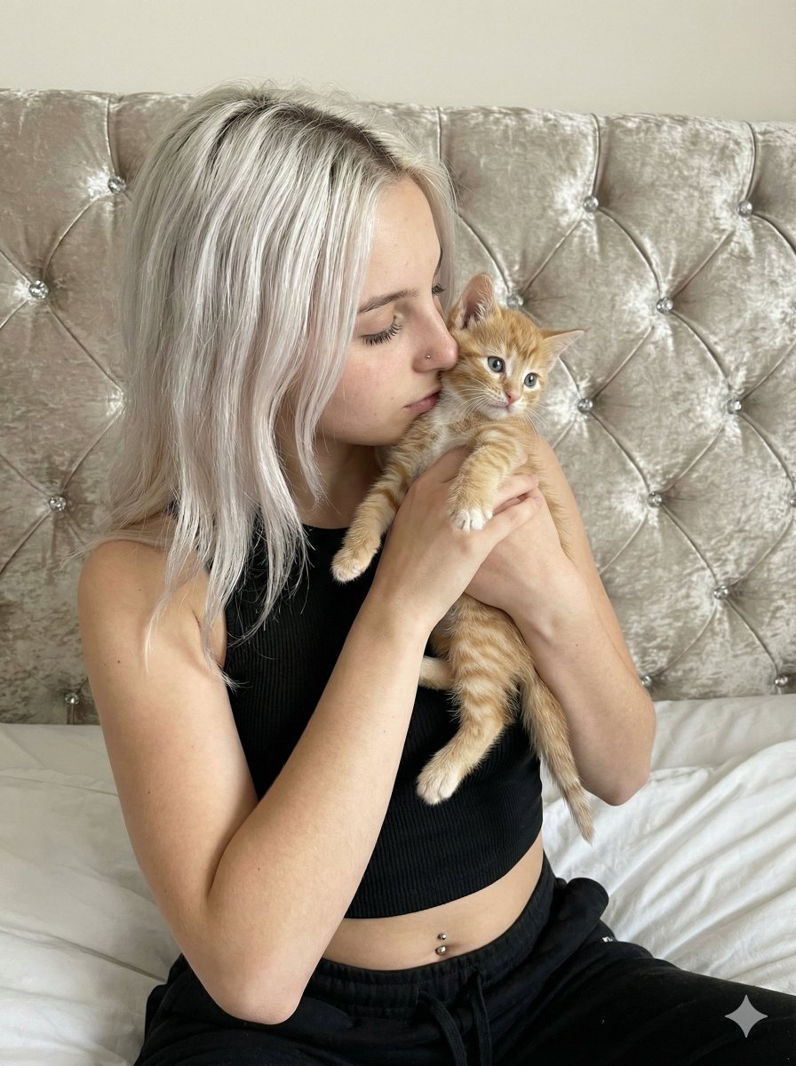 Tender Portrait of Woman Nuzzling a Kitten — example 4
