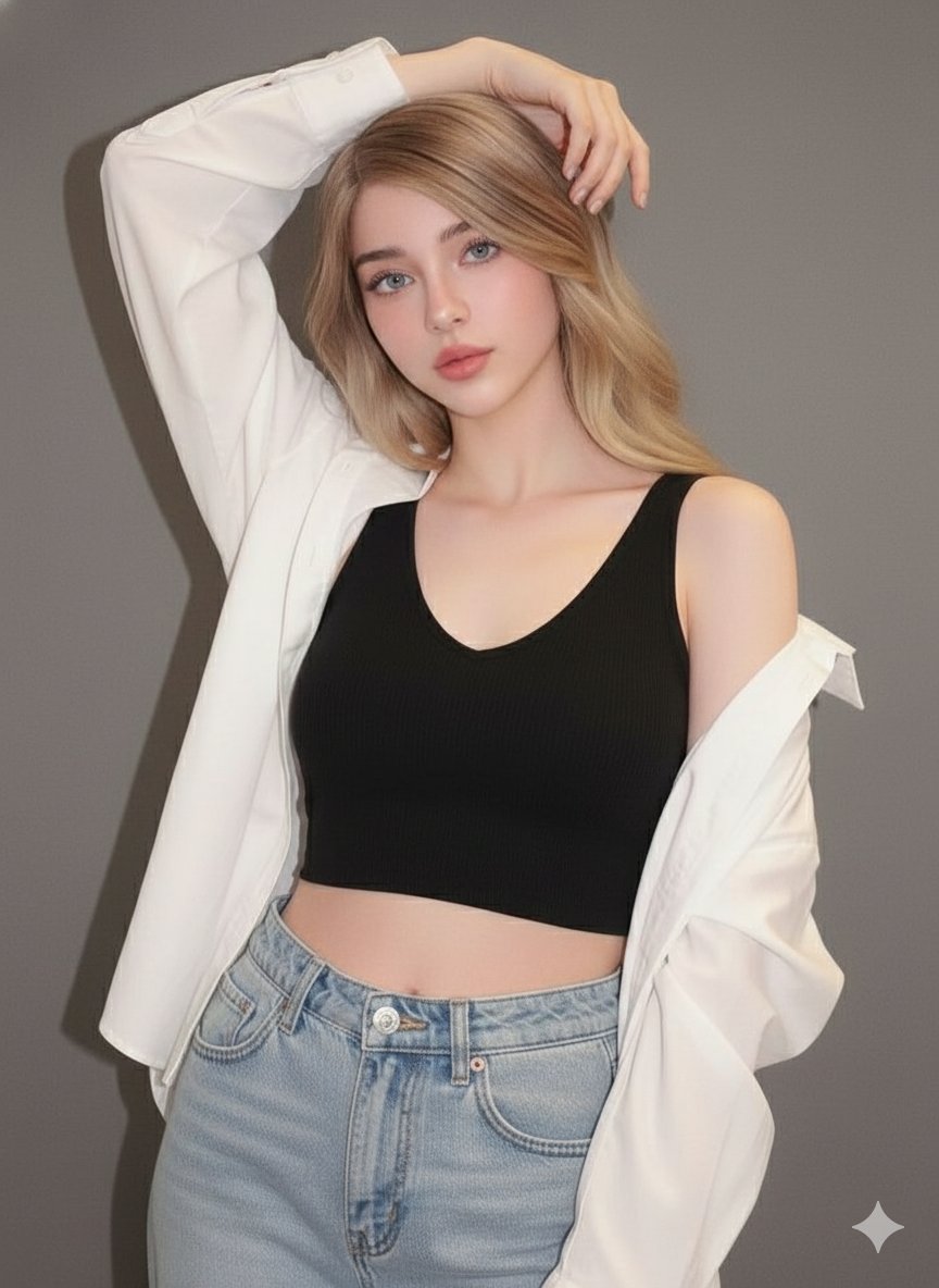 Ultra-realistic studio portrait of a young woman — example 1