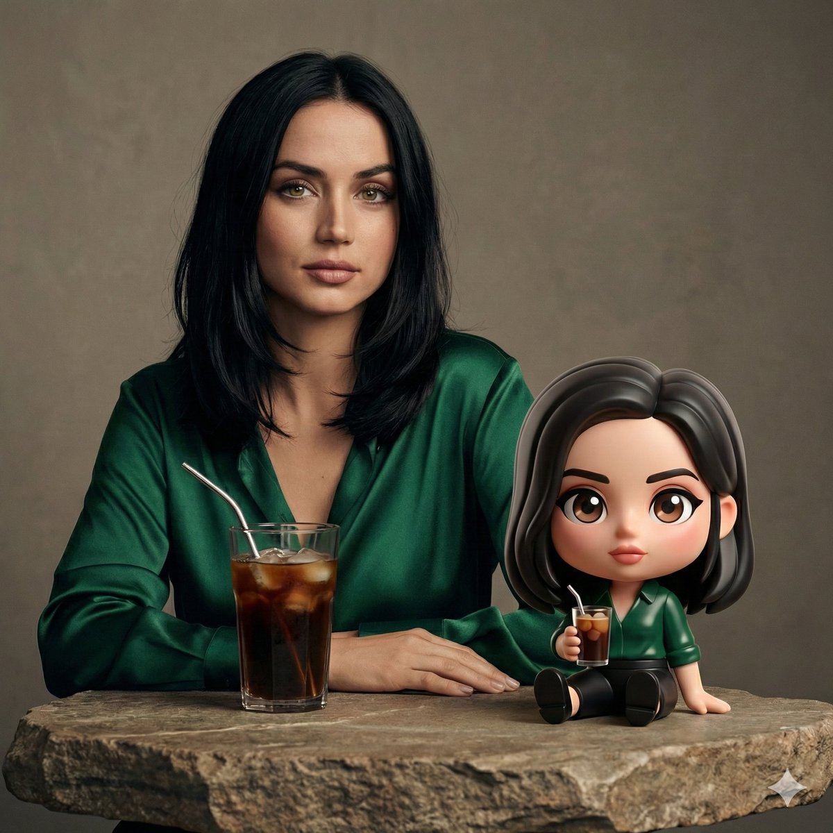 Cinematic Studio Portrait of Ana de Armas with Chibi Figure — example 1