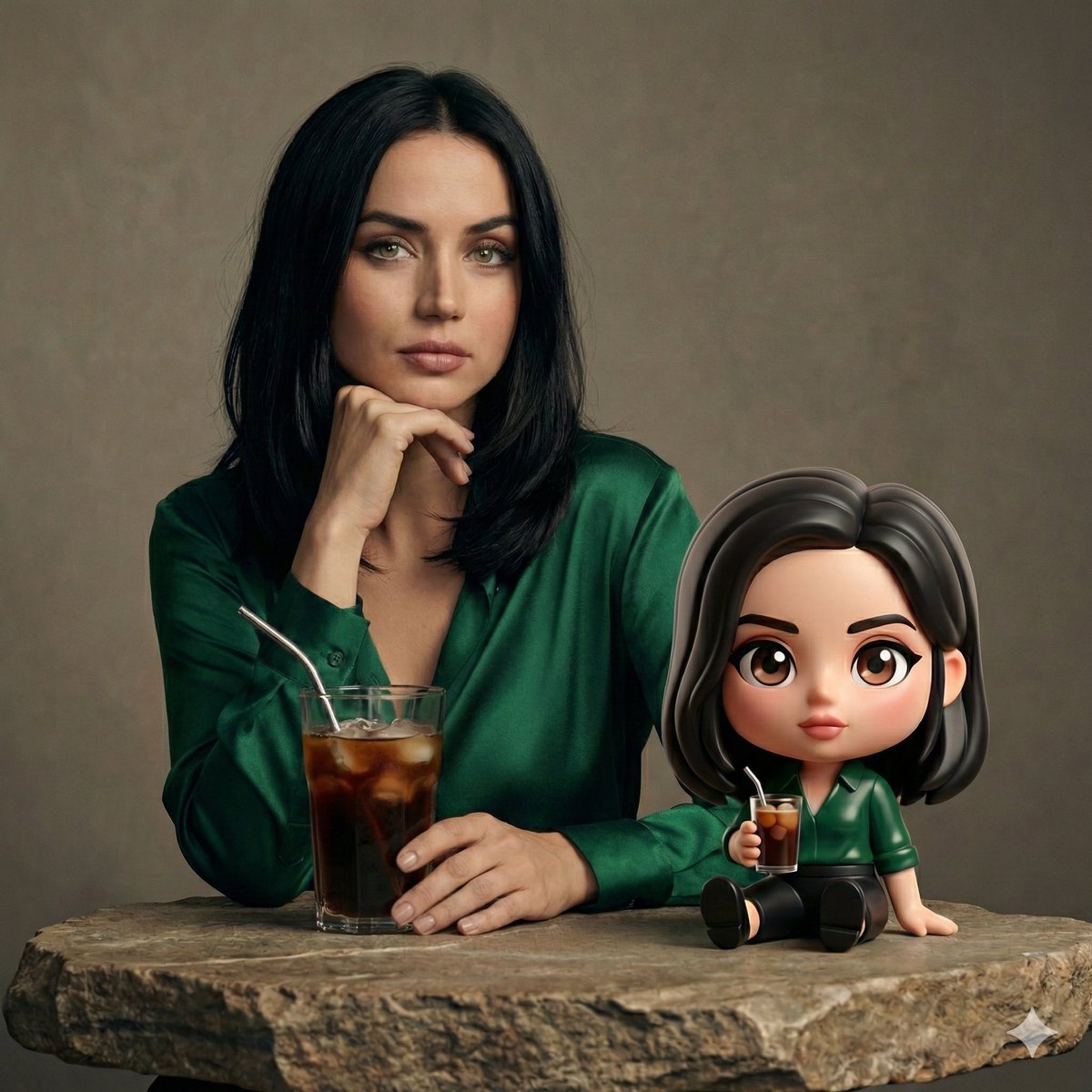Cinematic Studio Portrait of Ana de Armas with Chibi Figure — example 2