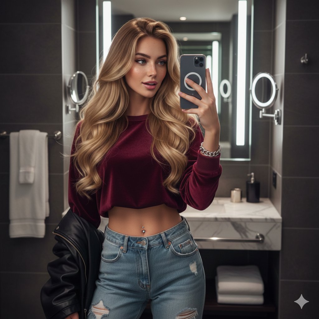Hyper-detailed mirror selfie of a young woman in luxury bathroom — example 1