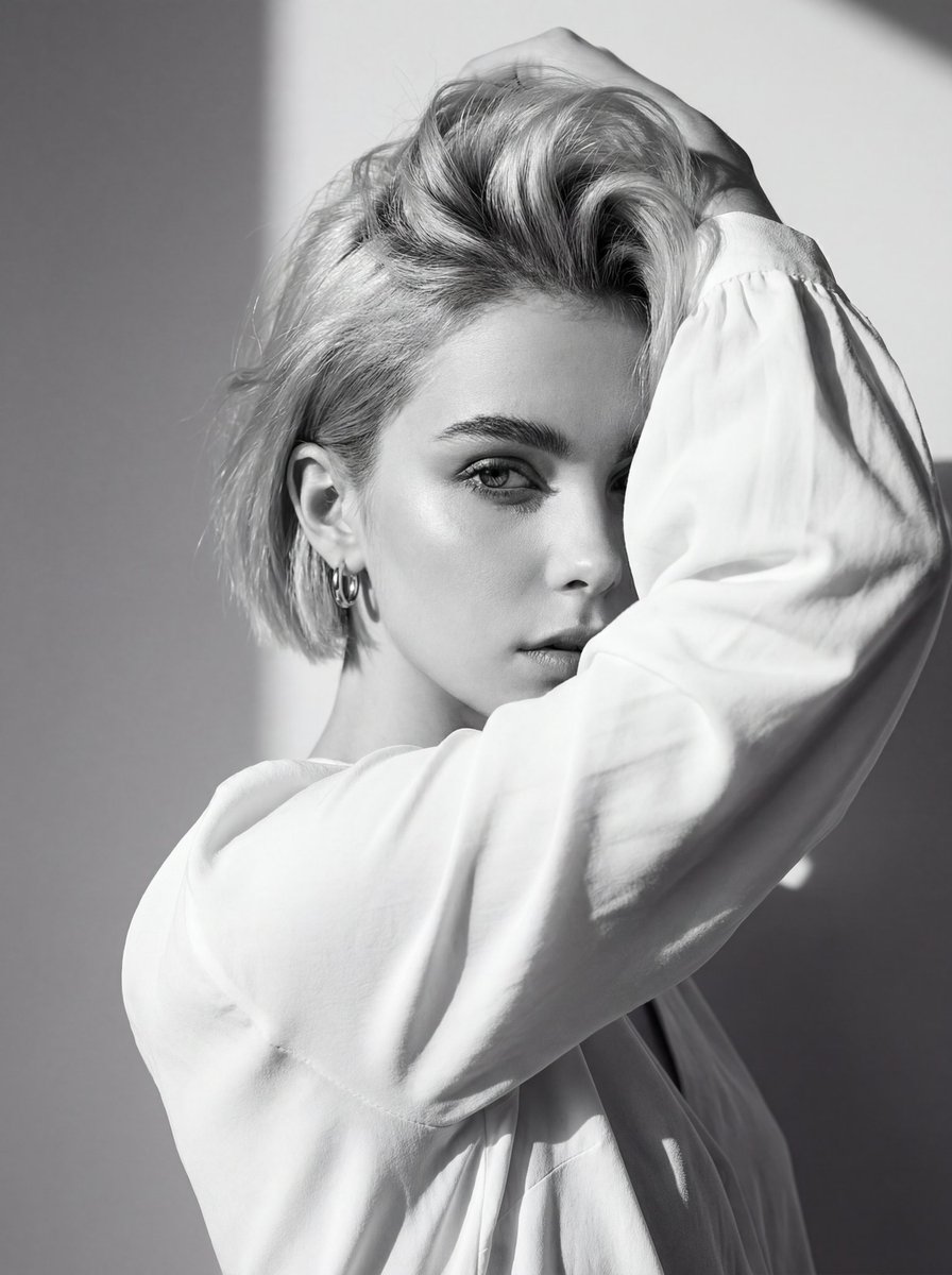High-Contrast Black and White Editorial Portrait with Face Reference — example 1