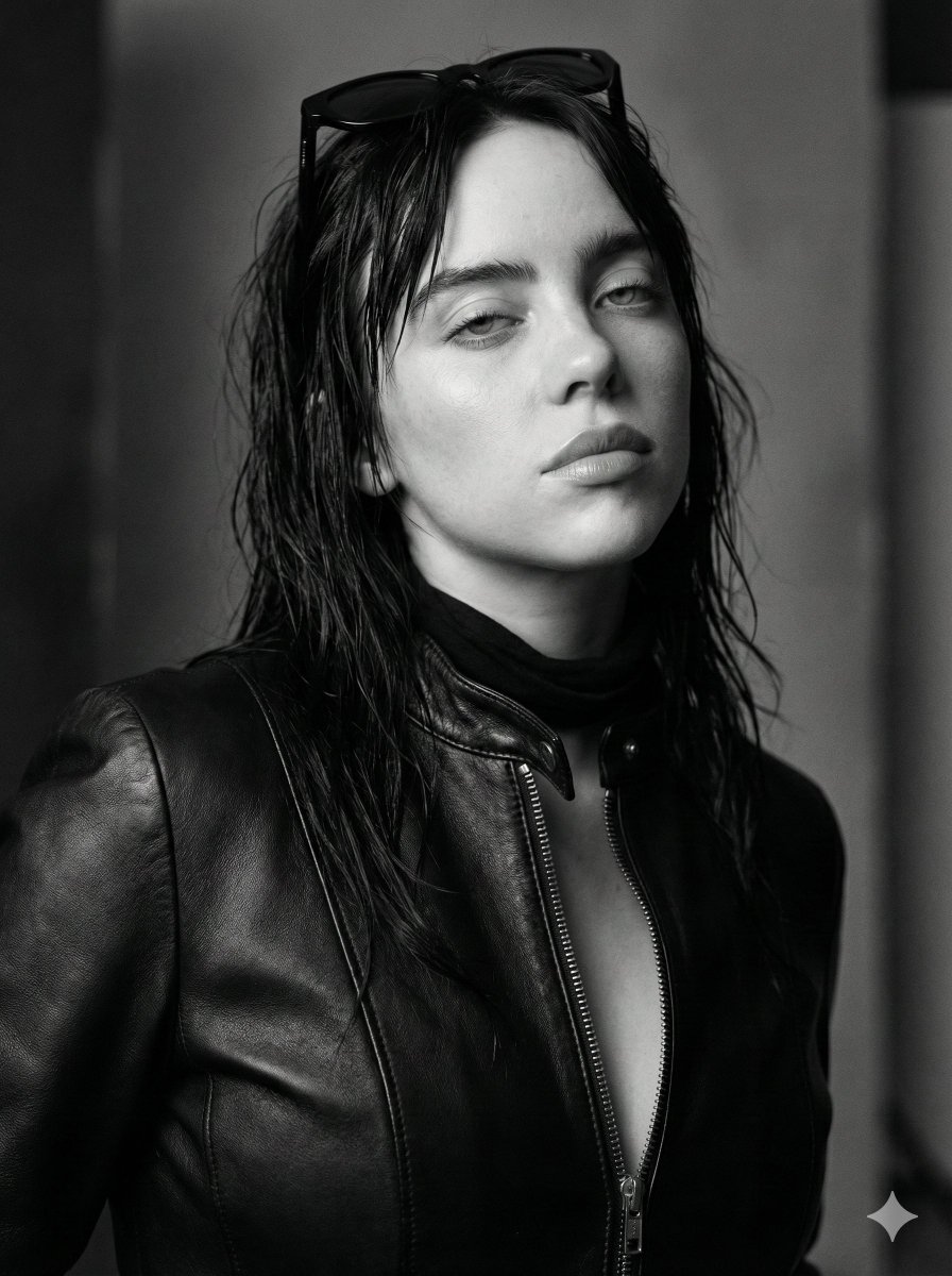 Monochrome Cinematic Fashion Portrait (Billie Eilish Likeness) — example 3