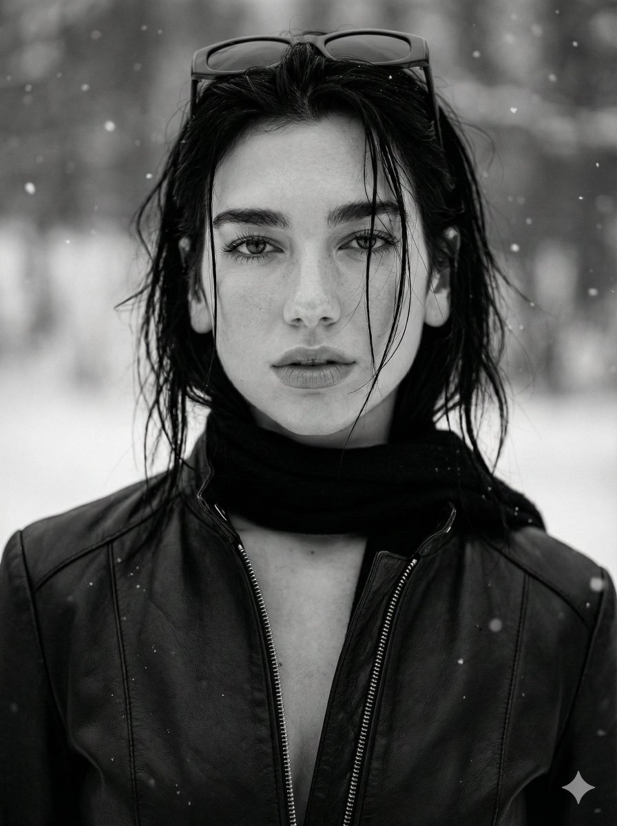Monochrome Cinematic Fashion Portrait (Billie Eilish Likeness) — example 4