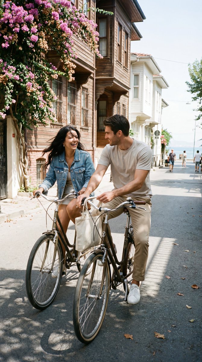 Photoreal Candid Street Romance Film Still Prompt (Büyükada) — example 1