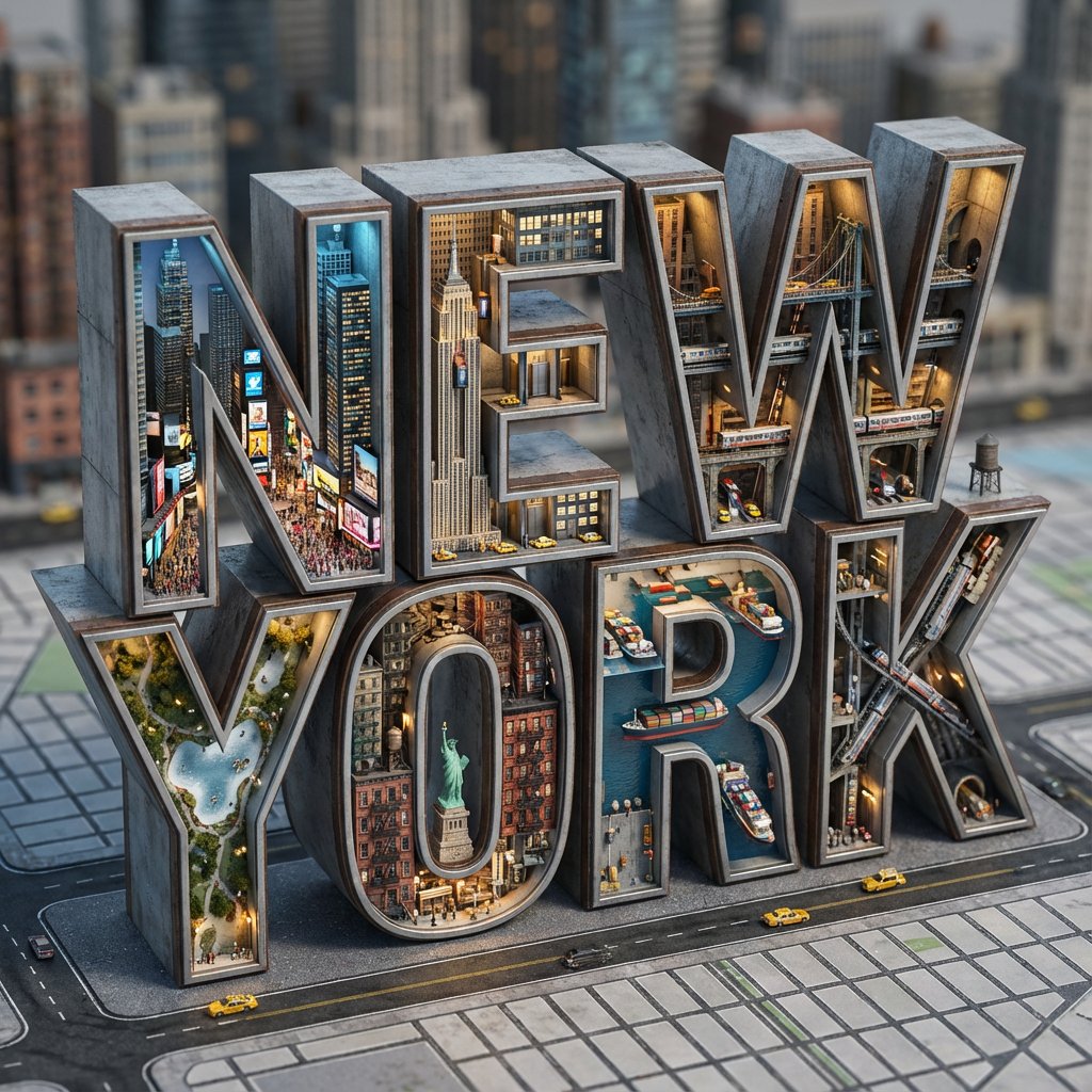 Architectural Typography Micro-World Render Prompt (New York) — example 1