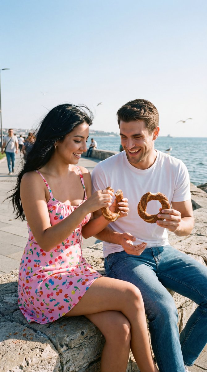 Photoreal Candid Street Romance Film Still Prompt (Moda Seaside) — example 1