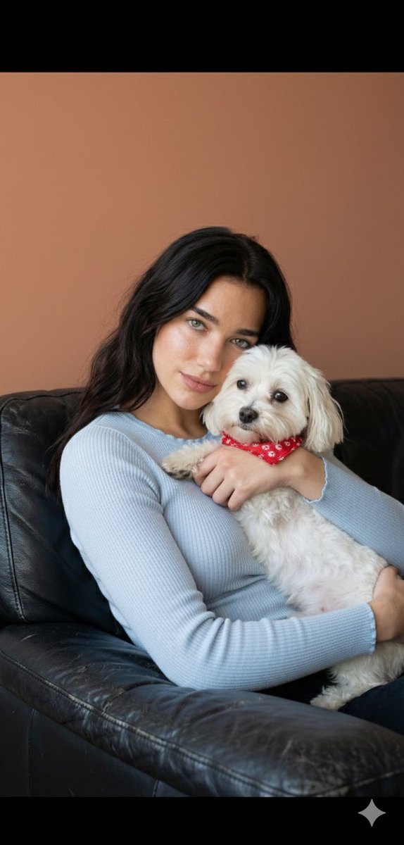 Dua Lipa Cozy Portrait with Maltese Dog Prompt — example 1