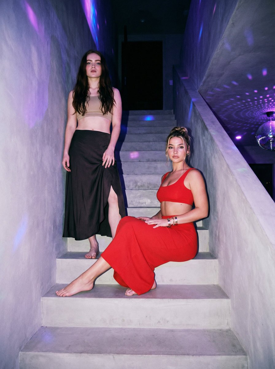 Stylized Nighttime Group Photo on Concrete Staircase — example 1