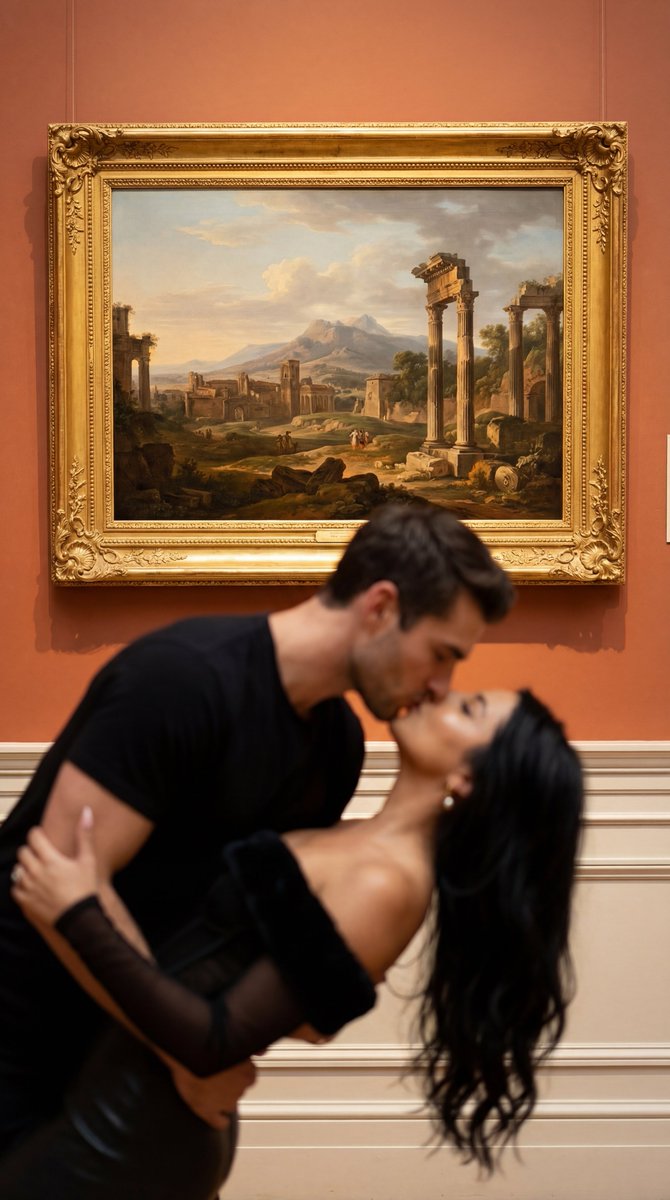Cinematic Museum Romance Dip-Kiss Editorial Prompt — example 1