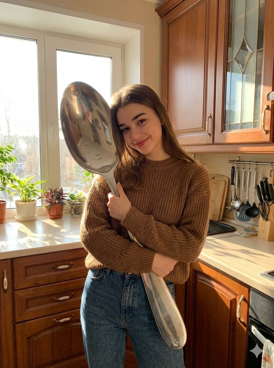 Photorealistic Woman Hugging Giant Spoon in Kitchen Prompt — example 1