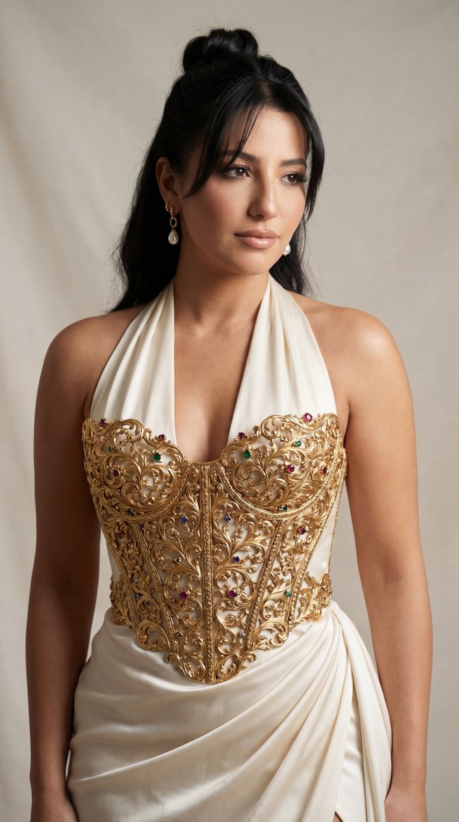Couture Gown with Sculptural Gold Corset Editorial — example 1