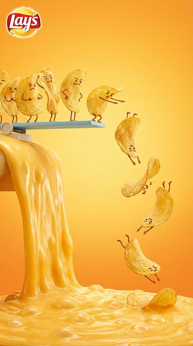 Anthropomorphic Potato Chips Diving into Cheese Sauce — example 1