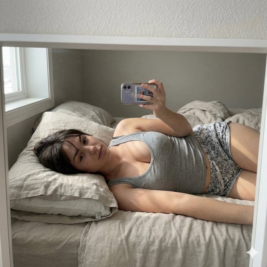 Cozy Bed Mirror Selfie in Loungewear — example 1