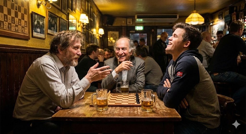 Chess legends hanging out in a bar — example 1