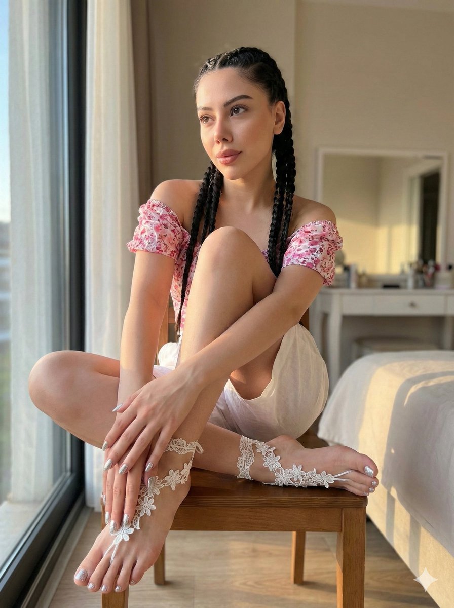 Golden Hour Bedroom Portrait with Lace Foot Jewelry — example 1
