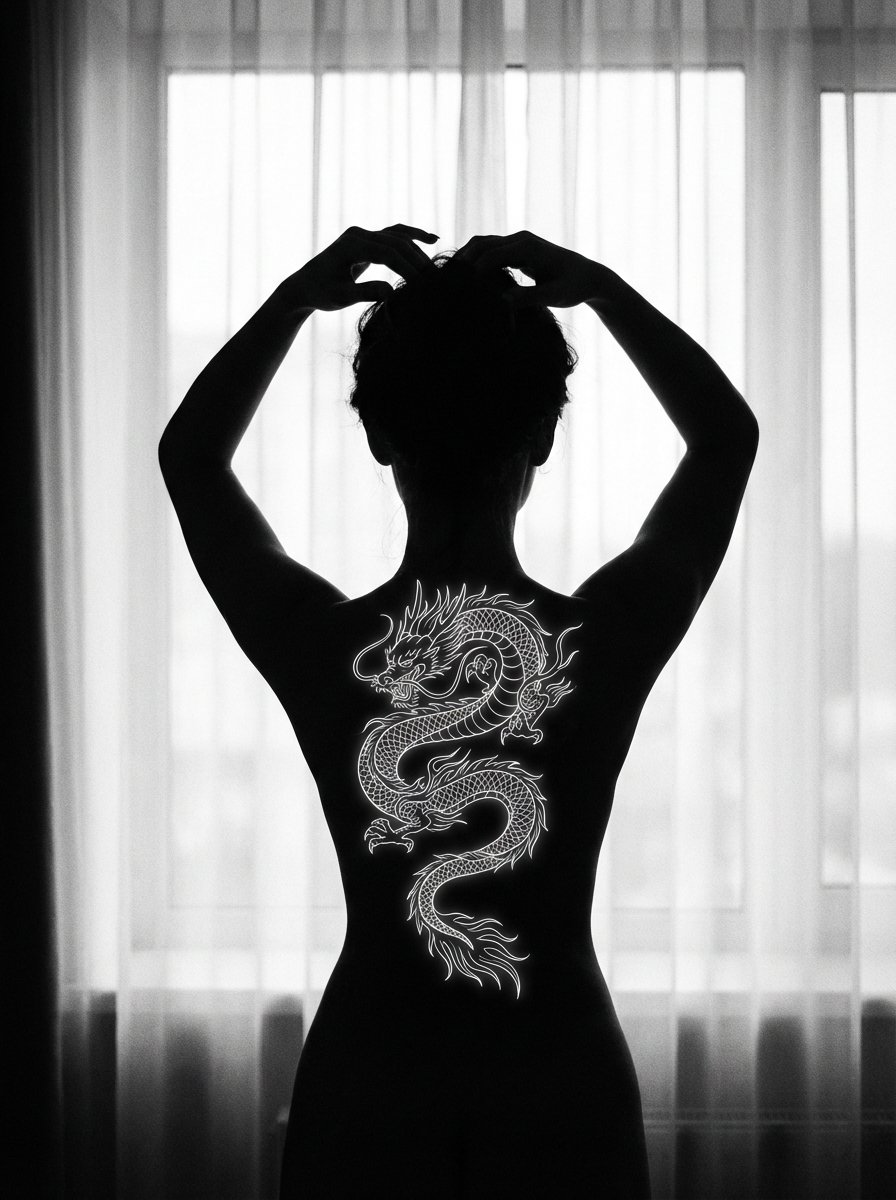 Fine-Art Silhouette with Glowing Dragon Tattoo — example 1