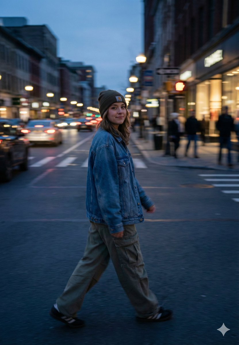 Cinematic Blue Hour Street Portrait Prompt for Nano Banana Pro — example 1