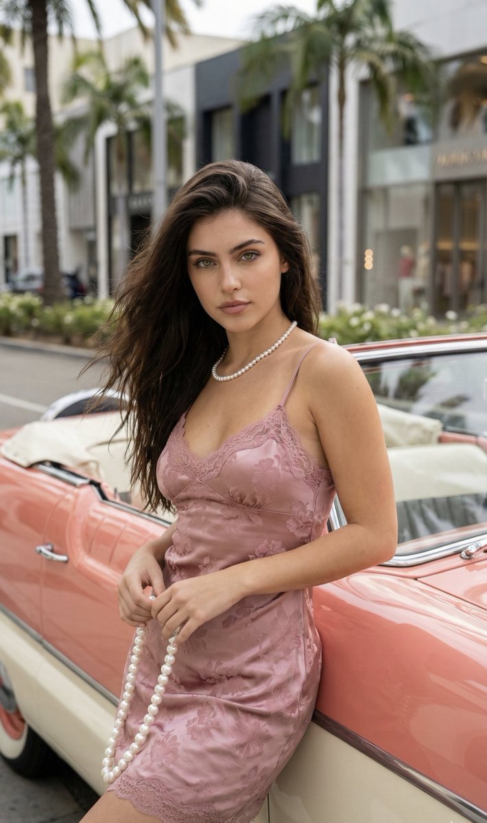 Fashion Portrait with Vintage Car and Pearl Accessories
