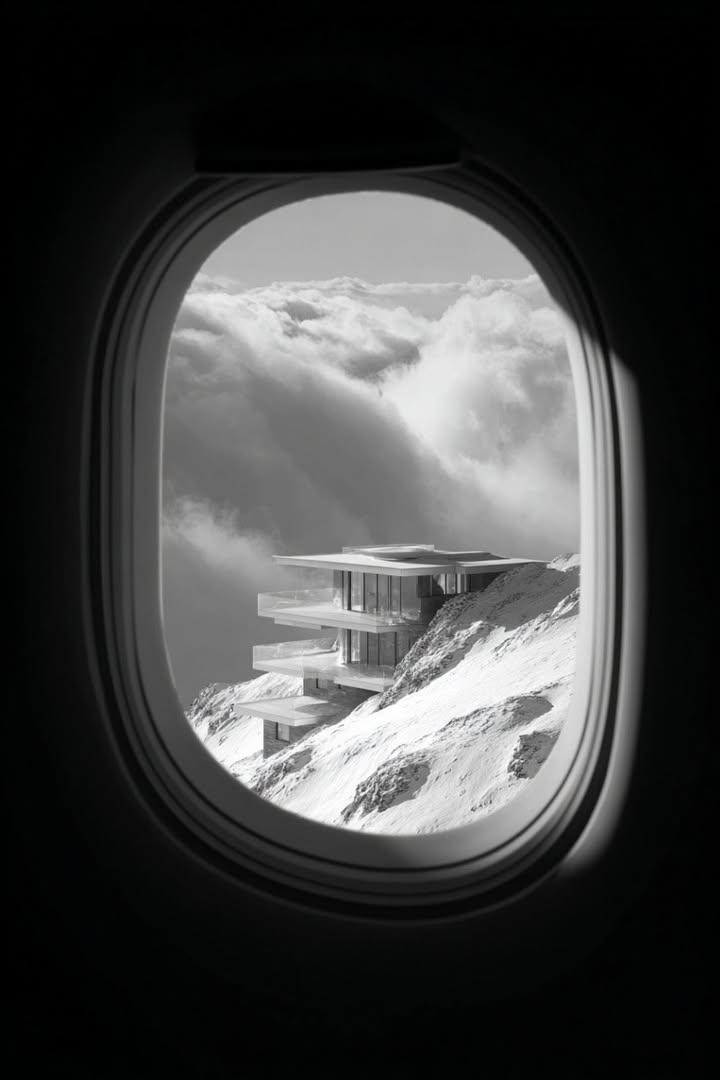 Black and White Futuristic House from Airplane Window — example 1