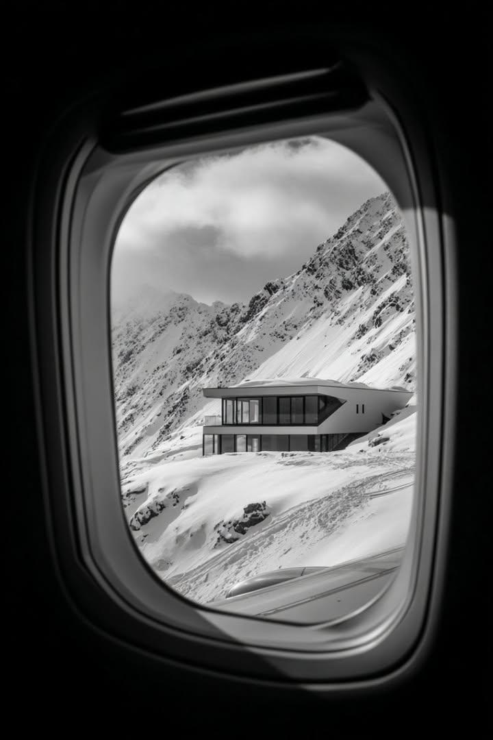 Black and White Futuristic House from Airplane Window — example 2