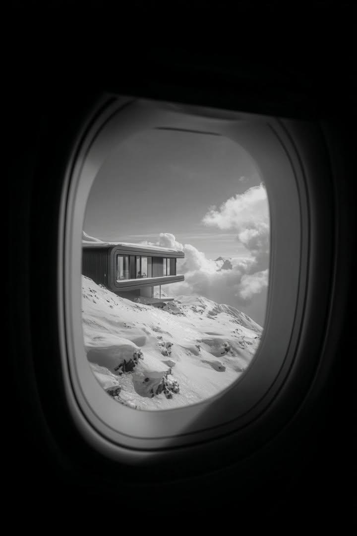 Black and White Futuristic House from Airplane Window — example 3