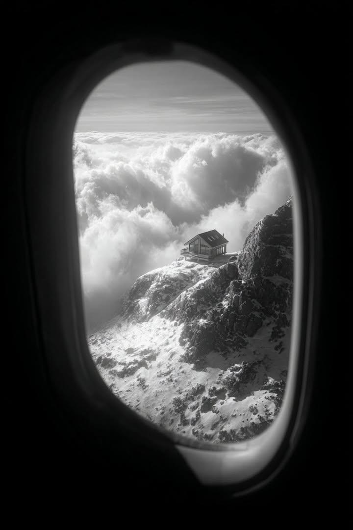 Black and White Futuristic House from Airplane Window — example 4