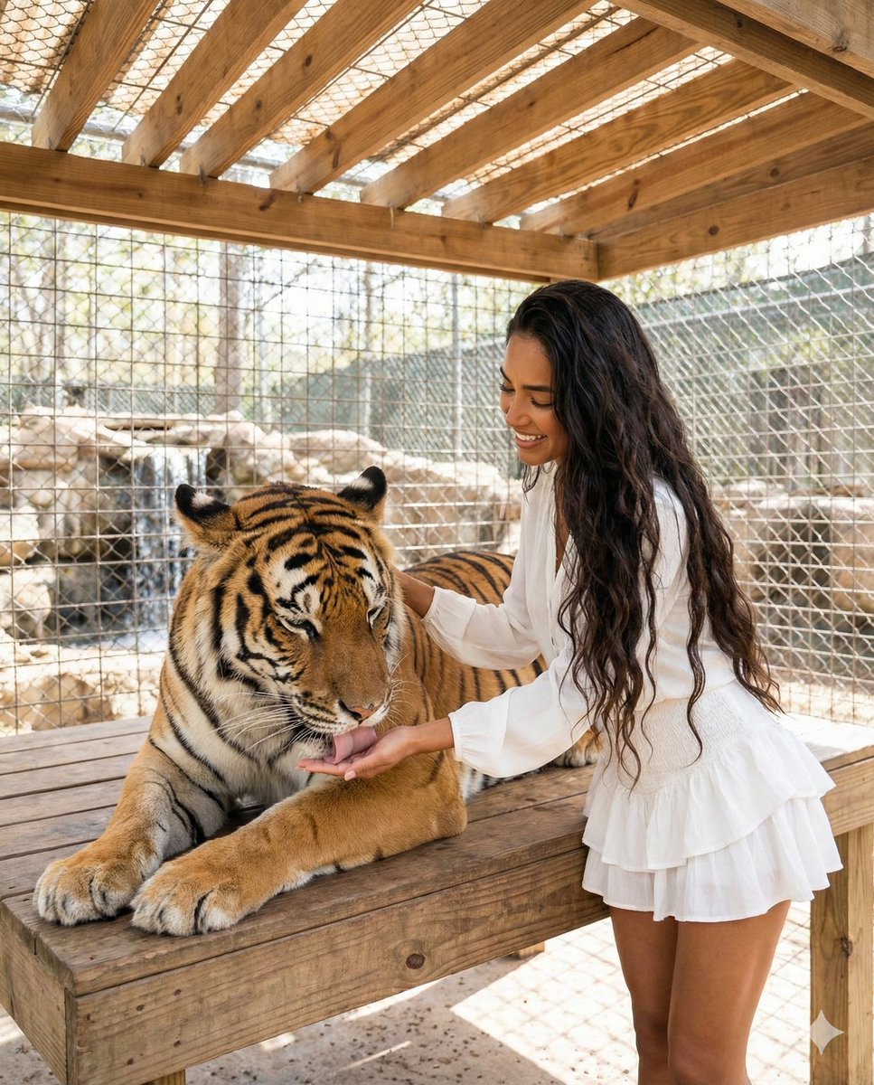 Woman Interacting with Bengal Tiger in Sanctuary — example 1