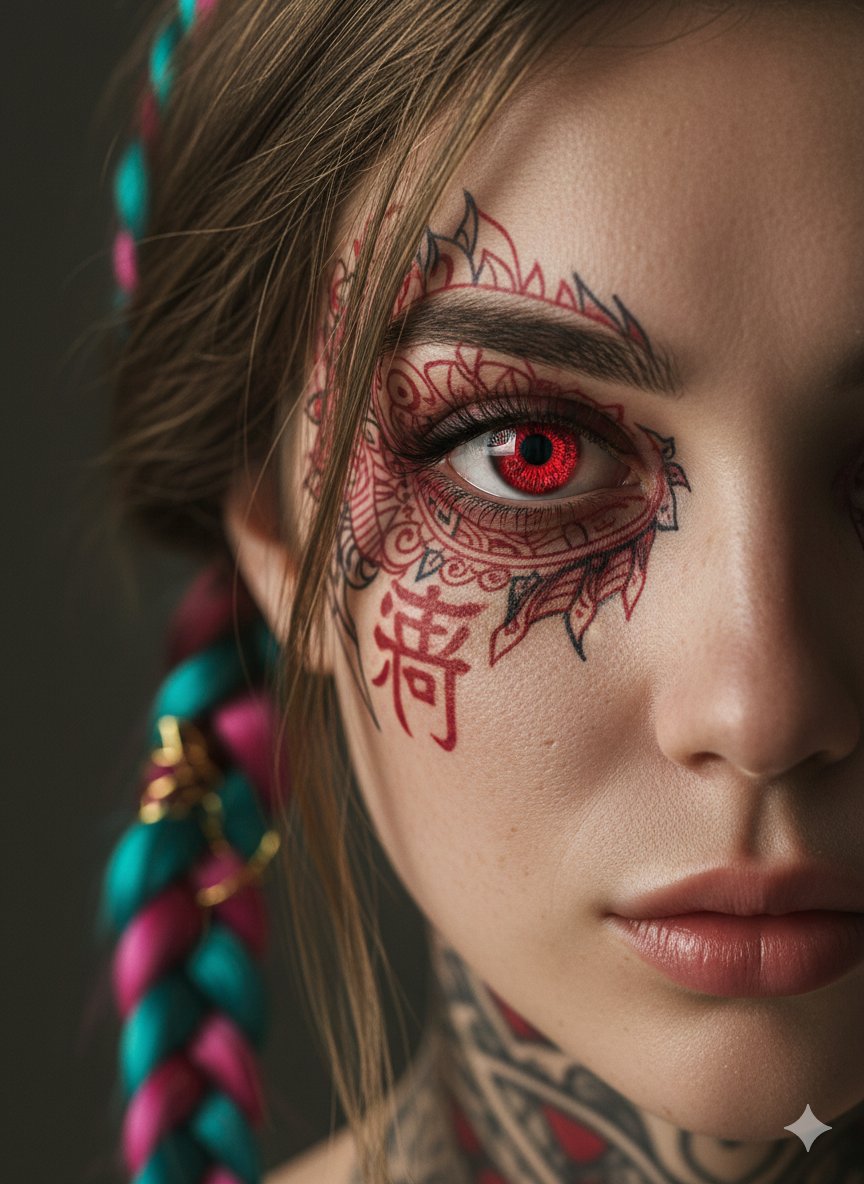 Extreme Close-Up Cinematic Portrait with Tattoos and Red Eye — example 1