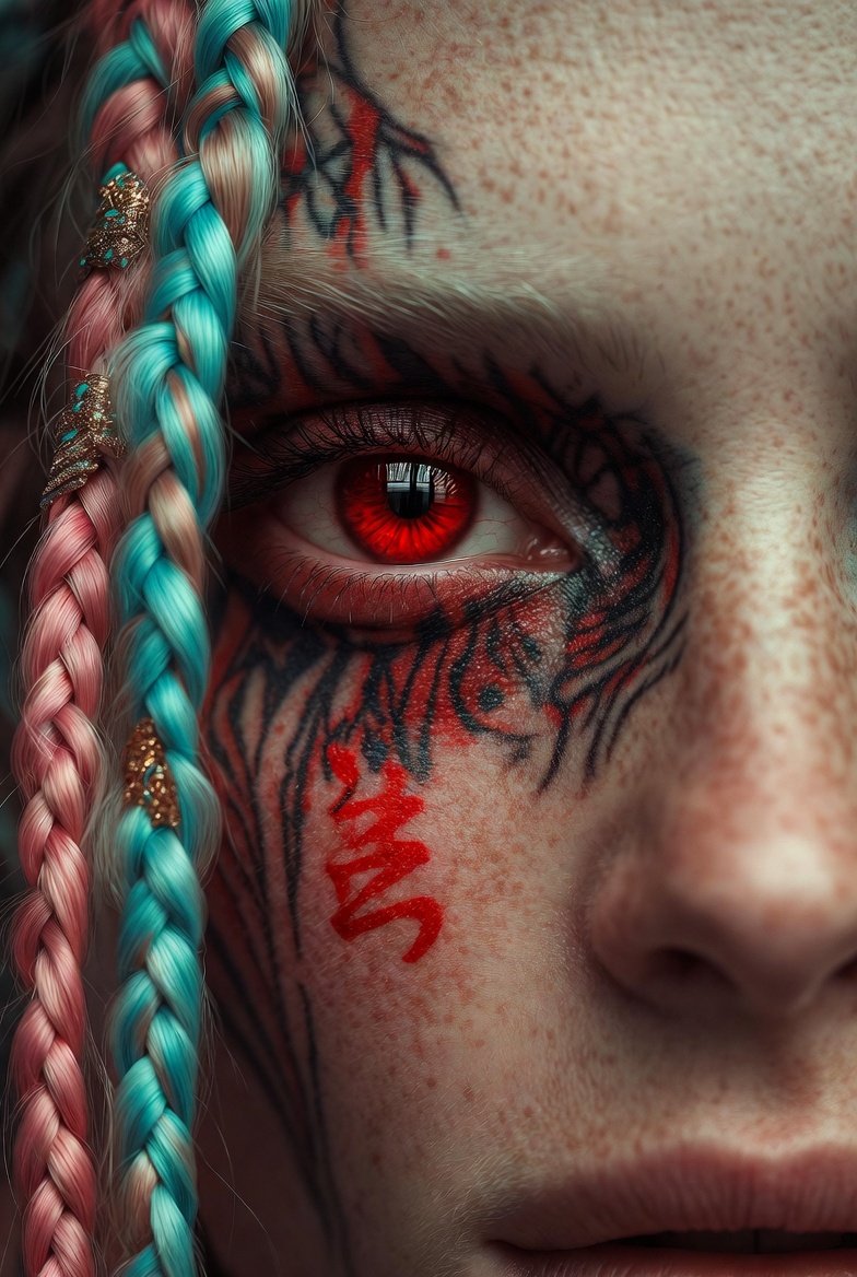 Extreme Close-Up Cinematic Portrait with Tattoos and Red Eye — example 2