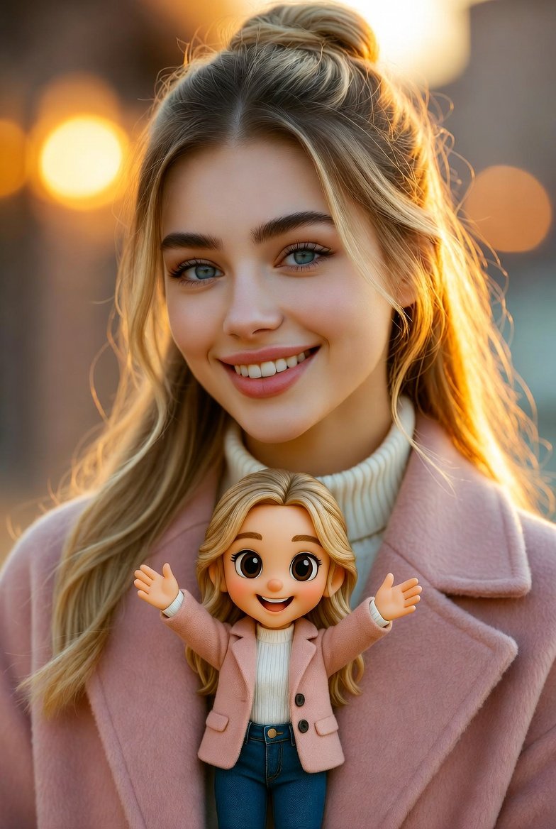 Cinematic Portrait with Miniature Chibi Figurine — example 2
