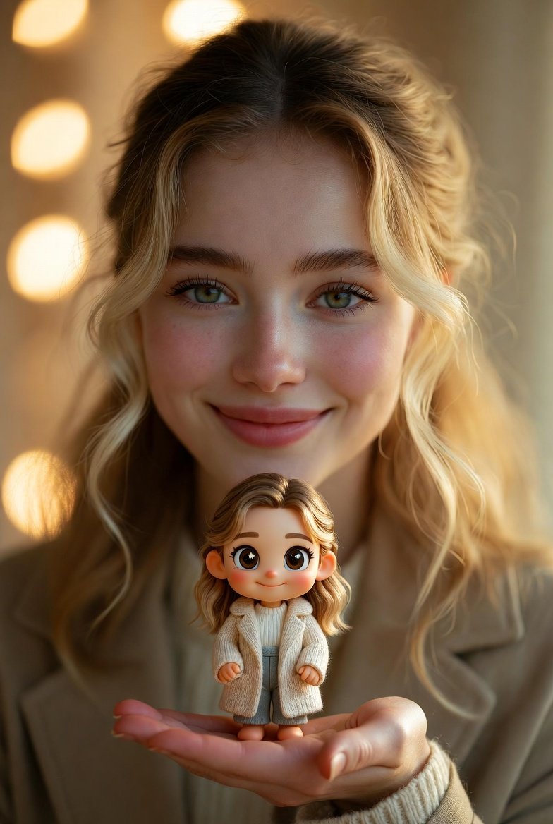 Cinematic Portrait with Miniature Chibi Figurine — example 3