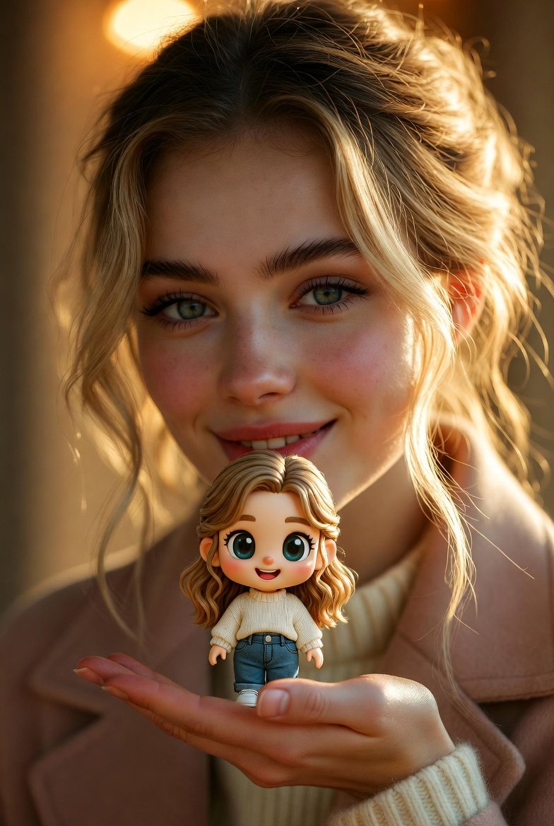Cinematic Portrait with Miniature Chibi Figurine — example 4