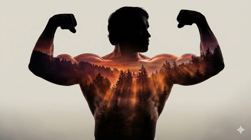 Arnold Schwarzenegger Silhouette with Volumetric Mountain Forest — example 1