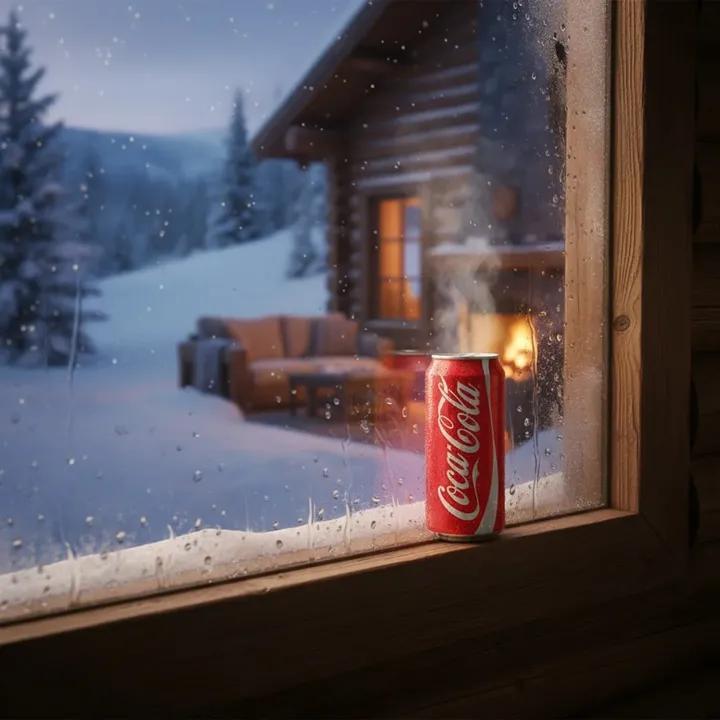 Winter Cabin Scene with Frosted Window and Coca-Cola Can — example 1