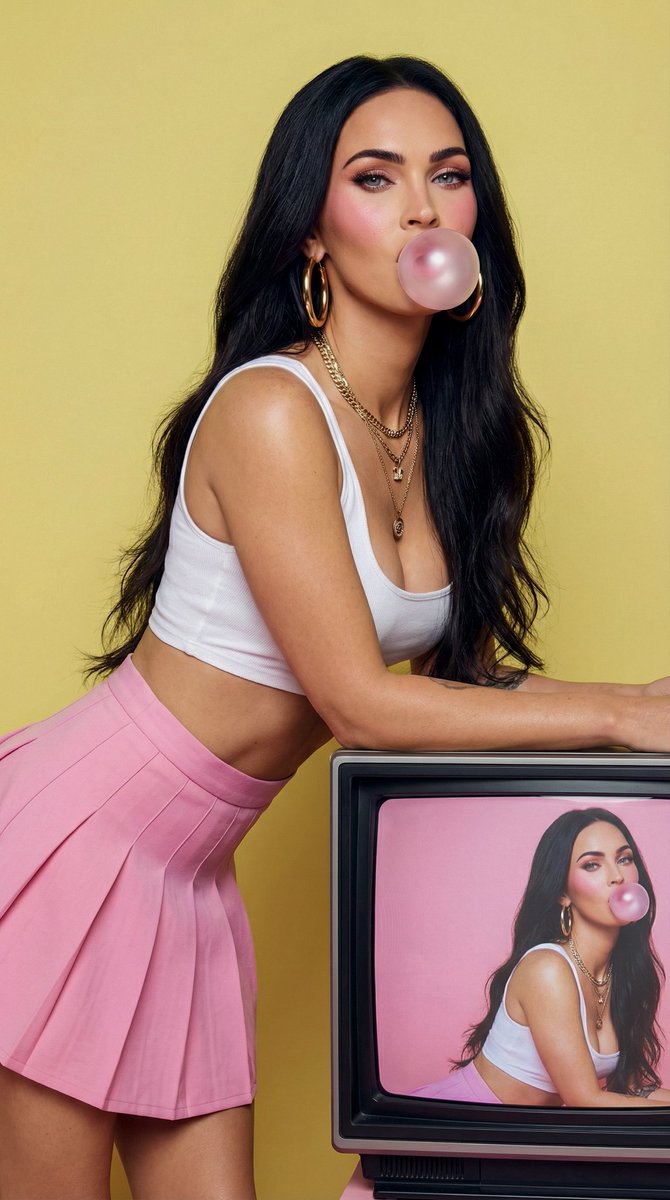 Fashion Editorial: Woman Blowing Bubblegum on Retro TV — example 1