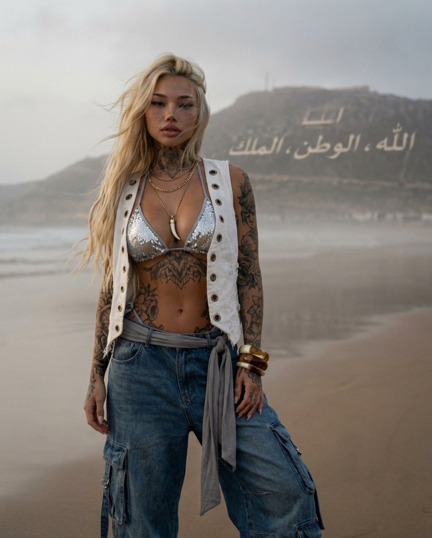 Tattooed Woman on Misty Beach Fashion Editorial