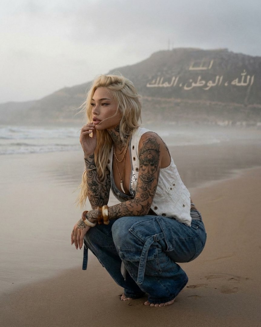 Tattooed Woman on Misty Beach Fashion Editorial — example 2