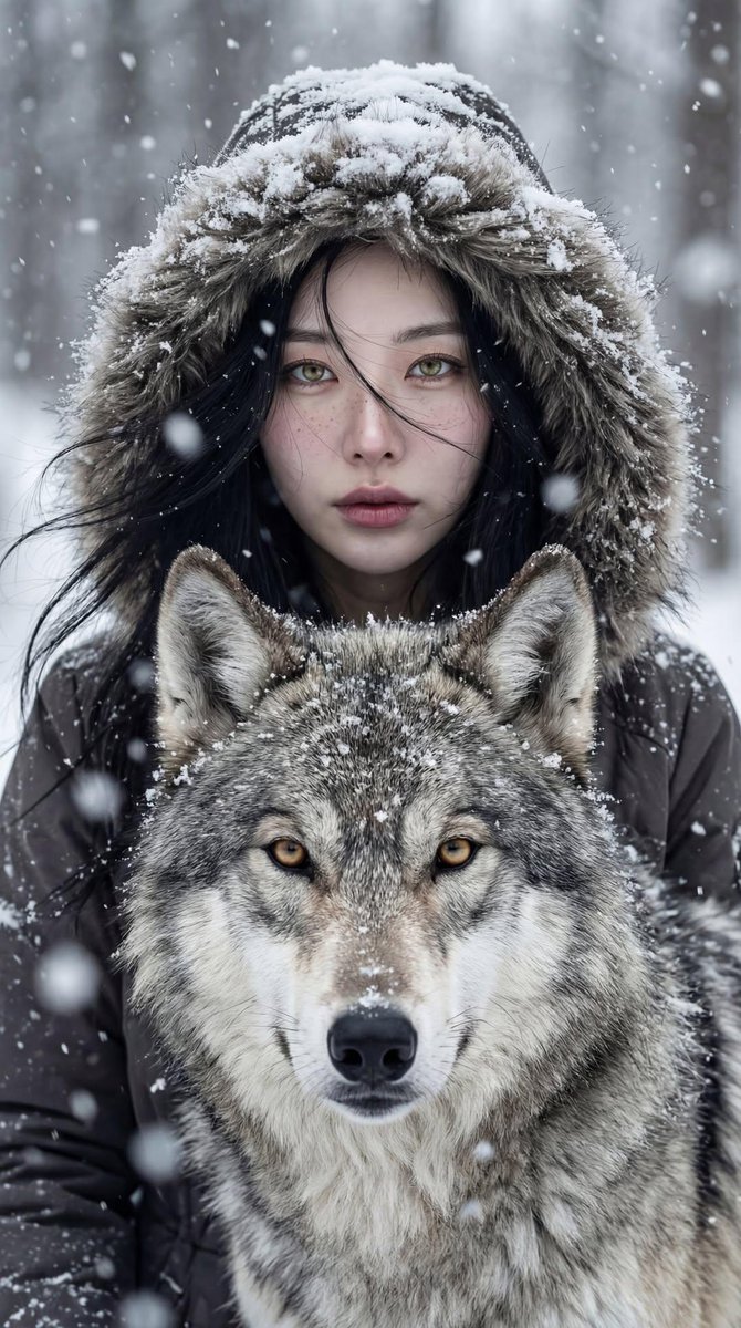Cinematic Winter Portrait: Woman and Wolf — example 1