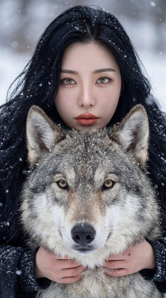 Cinematic Winter Portrait: Woman and Wolf — example 2