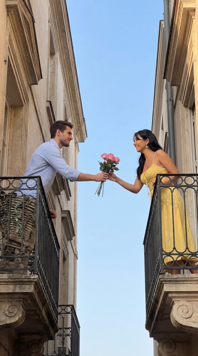 Cinematic Romantic Editorial: Balcony Flower Exchange — example 1