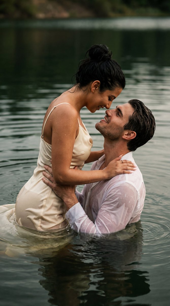 Cinematic Couple Embrace in Lake Water — example 1