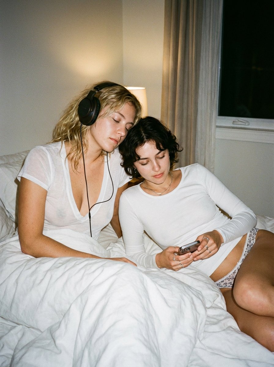 Intimate Candid Lifestyle Photo of Two Women on White Sheets — example 1